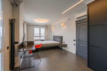 interior room apartment bedroom with bed, cozy place to sleep and relax