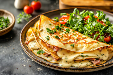Delicious ham and cheese crepes with fresh salad on rustic plate &mdash; gourmet breakfast or brunch food concept