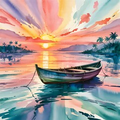 Obraz premium Serene Sunset Boat Scene with Reflection and Tropical Landscape