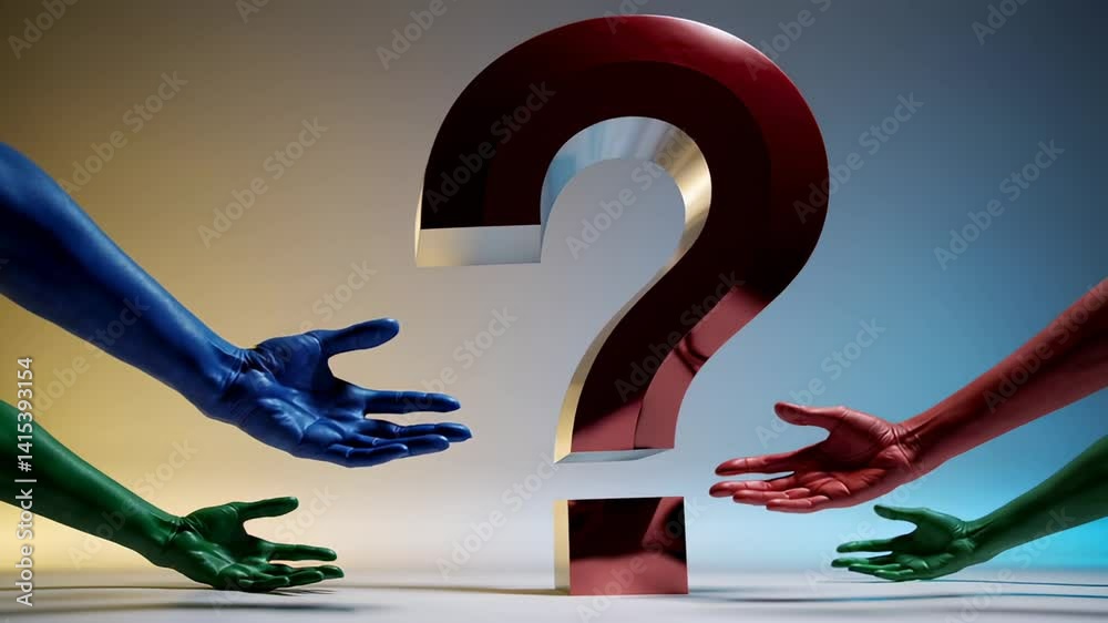 Poster colorful hands stretching towards oversized metallic question mark, symbolizing collaborative proble