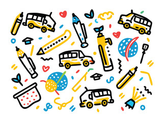 Seamless School Doodle Pattern – Hand-Drawn School Supplies, Classroom Illustrations