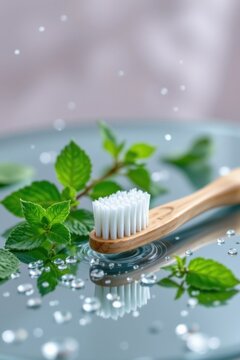 advertising shot of a bamboo toothbrush on a reflective surface with water droplets and mint leaves, high detail, fresh green color theme, floating elements, dreamy lighting, clean minimal design