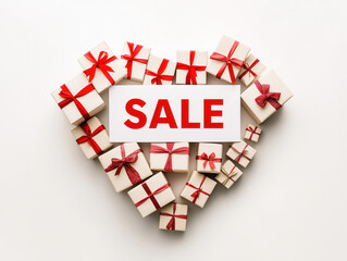 Heart shaped gift boxes forming a sale sign on white background