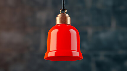A striking red bell, suspended in mid-air, exudes a sense of anticipation and calls to attention. The clean, minimalist aesthetic is enhanced by the contrast of a deep gray backdrop.
