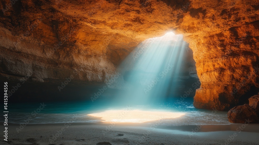 Poster sunlight streams through a natural cave on a secluded beach, casting shimmering reflections on the w