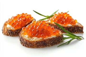 Three bread slices topped with creamy spread and vibrant orange caviar, garnished with rosemary sprigs