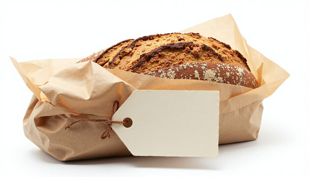 A loaf of bread wrapped in brown paper with a tag attached to it.