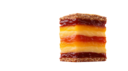 Layered dessert features stacked squares with alternating colorful jelly, custard, and seed toppings against a dark background.