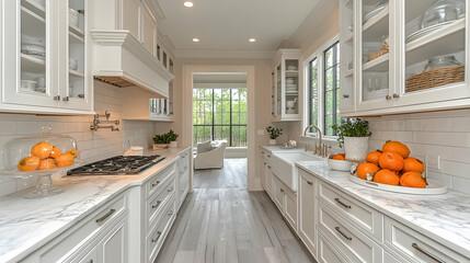 Narrow kitchen view featuring white cabinetry marble countertops and rustic wood floors with oranges and plants