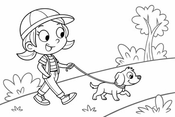 cute girl walking with her dog coloring page for kids, colorless, uncolored, black and white