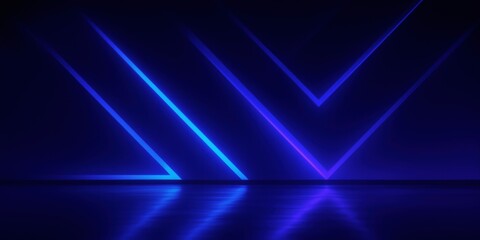 Abstract Neon Blue and Purple Geometric Light Pattern with Futuristic Glowing Lines, Technological Design, Reflection on Dark Background, and Copy Space