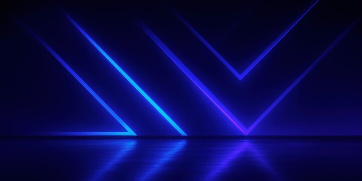 Abstract Neon Blue and Purple Geometric Light Pattern with Futuristic Glowing Lines, Technological Design, Reflection on Dark Background, and Copy Space