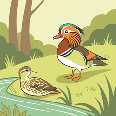 vector illustration of a mandarin ducks pair