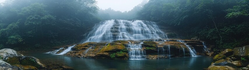 A breathtaking view of a waterfall cascading into a pool amidst a lush, foggy forest.