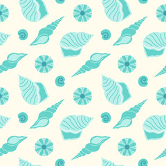 Blue seamless pattern with seashells in flat style. Summer vector ornament in marine theme with illustrations of shells of sea animals.
