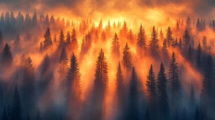 Silhouetted evergreens through golden fog glow in a misty valley with sunlight beams and distant clouds