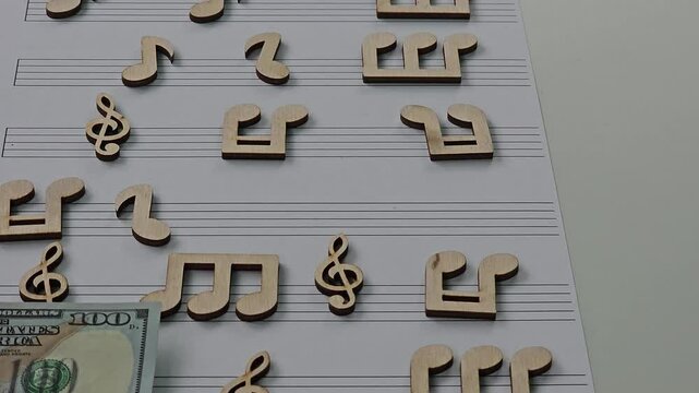Musical notes on a piece of paper in dollar bills. Music royalties and copyright sales concept