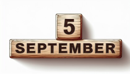 Illustration of wooden blocks with date 5 September. Day and month, simple calendar