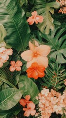 Lush tropical floral display featuring vibrant orange blossoms amidst textured foliage, perfect for summer vibes and nature.