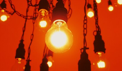 Vintage Edison Bulbs Chandelier Against Red Background