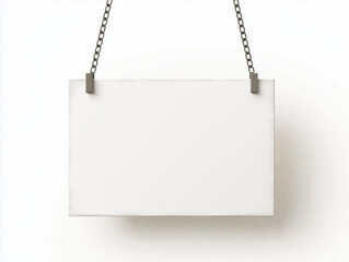 White rectangular sign hanging from chains on white background