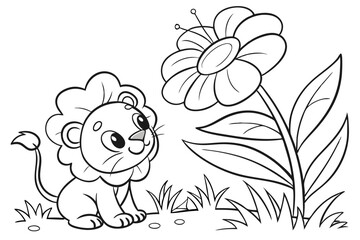 cute lion and big flower coloring page for kids, colorless, uncolored, black and white