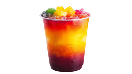 Iced tropical fruit punch in transparent to-go cup with vibrant layers, summer drink on white, PNG