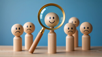 Magnifying glass focusing on happy employee among unhappy employees in customer service or hr department