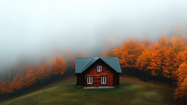 Mysterious foggy autumn landscape rustic cabin in nature atmospheric scene peaceful environment tranquil view