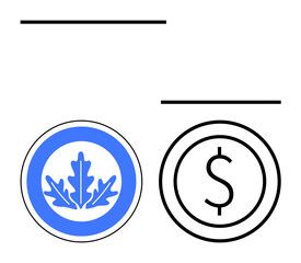 Blue oak leaf and black dollar sign inside circles emphasize sustainability and economic concepts. Ideal for finance, environment, conservation, ecology, savings, investment, and simple landing page