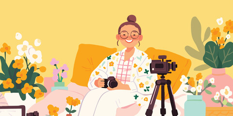 Naklejka premium A female photographer sitting comfortably in a cozy space, surrounded by the equipment of her trade and some flower. a cheerful and inviting depiction of creativity and artistry.