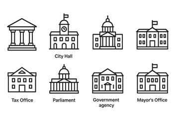 outline vector icons of government buildings: courthouse, city hall, state capitol, embassy, tax office, parliament building, government agency, mayor&rsquo;s office. set of line style icons in a modern,