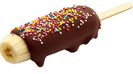 Frozen banana dipped in chocolate and sprinkles, summer treat on a stick, isolated on white, PNG format 