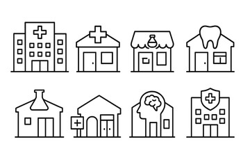 Fototapeta premium outline vector icons of healthcare buildings: hospital, clinic, pharmacy, dental office, medical lab, emergency room entrance, mental health center, health department. set of line style icons in a