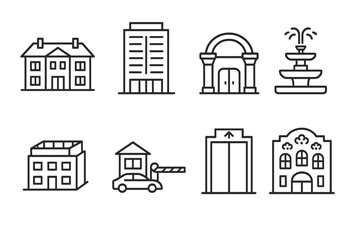 outline vector icons of luxury buildings: mansion icon, luxury condo, grand entryway, fountain front, rooftop pool, valet gate, exclusive elevator, decorative façade. set of line style icons in a