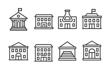 Fototapeta premium outline vector icons of educational institutions: university hall, classroom building, lab wing, admin office, student center, dormitory, lecture theatre, library entrance. set of line style icons in