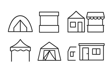 outline vector icons of temporary structures: tent, exhibition booth, pop-up shop, outdoor stall, event pavilion, construction tent, emergency shelter, portable cabin. ine style icons in a modern,
