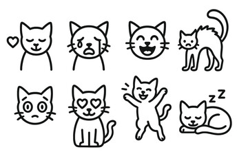 Obraz premium outline vector icons of cat emotions: curious cat, annoyed cat, scared cat, proud cat, playful mood, relaxed cat, focused stare, anxious pose. set of line style icons in a modern, minimalist design.