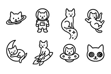 outline vector icons of cats and planets: space cat, astronaut suit, starry tail, floating pose, moon nap, rocket cat, UFO with cat, galaxy eyes. set of line style icons in a modern, minimalist