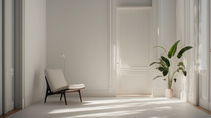 Minimalist White Room Interior with Modern Chair and Plant