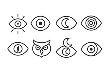 outline vector icons of security cameras: dome camera, bullet camera, PTZ camera, hidden cam, motion detection, live view, night vision, recording alert. set of line style icons in a modern,