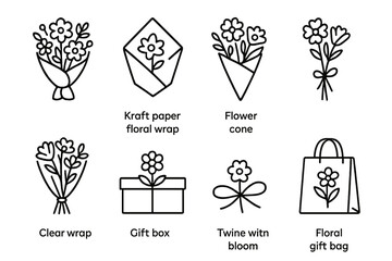 outline vector icons of flower packaging: wrapped bouquet, kraft paper floral wrap, flower cone, ribbon-tied stems, clear wrap, gift box with flower, twine with bloom, floral gift bag. set of line