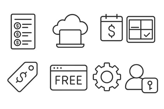 outline vector icons of SaaS business: subscription plan, cloud software, monthly billing, app dashboard, pricing tier, free trial, settings icon, user log-in. ine style icons in a modern, minimalist