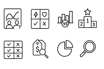 outline vector icons of competitive analysis: competitor chart, SWOT icon, side-by-side graph, industry ranking, comparison table, pricing review, market share, spyglass icon. set of line style icons