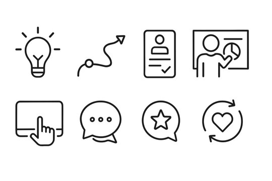 outline vector icons of customer journey: awareness icon, engagement path, signup form, onboarding icon, product use, support chat, feedback icon, retention icon. set of line style icons in a modern, - Powered by Adobe
