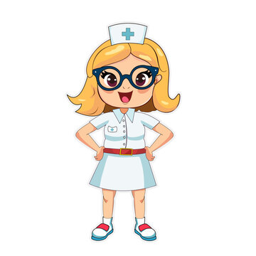 Adorable cartoon nurse character with blonde hair, big blue round glasses, and a welcoming smile. She is dressed in a white nurse's dress with a red belt and a traditional cap. Isolated.