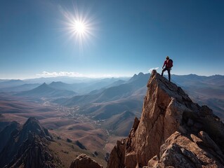 Adventurous hiker standing on a jagged mountain peak overlooking rugged terrain with distant mountain ranges under bright sunlit sky in wild outdoor exploration scene