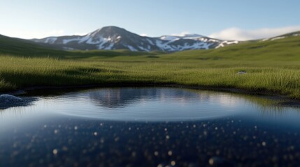 Naklejka premium Tranquil mountain meadow reflecting snow-capped peaks in a still pool