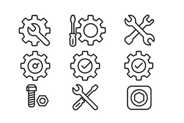 outline vector icons of gear mechanisms: spur gears, helical gears, bevel gears, worm gears, rack and pinion, planetary gears, gear train, differential gear., set of line style icons in a modern,