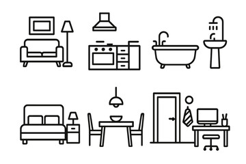 Modern home interior icons set: living room, kitchen, bathroom, bedroom, dining, office